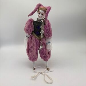 Vintage Kingstate The Dollcrafter Porcelain Harlequin Jester Doll Pink Lace Box